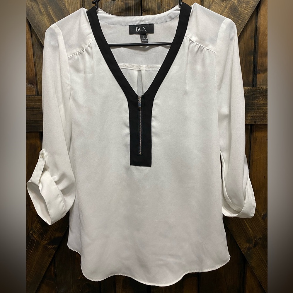 BCX Blouse Light Weight Sheer Partial Zip Blouse Top Shirt Size Small White